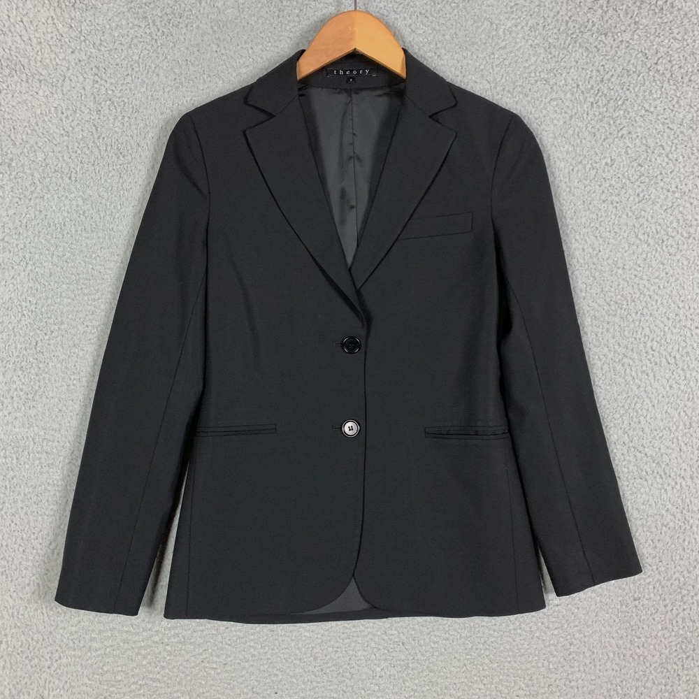 Theory Blazer Jacket Women's 2 Black Stretch Wool Blend Two Button Business Work
